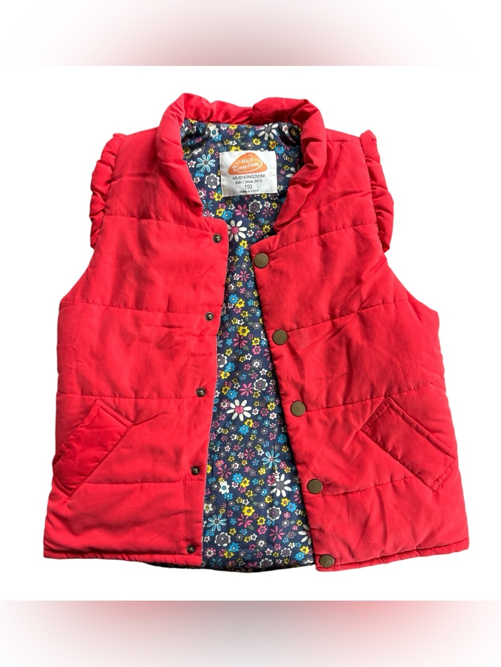 Mud Kingdom Girls Red Floral Kids Puffer Vest Size 150 Youth (10-12y approx)